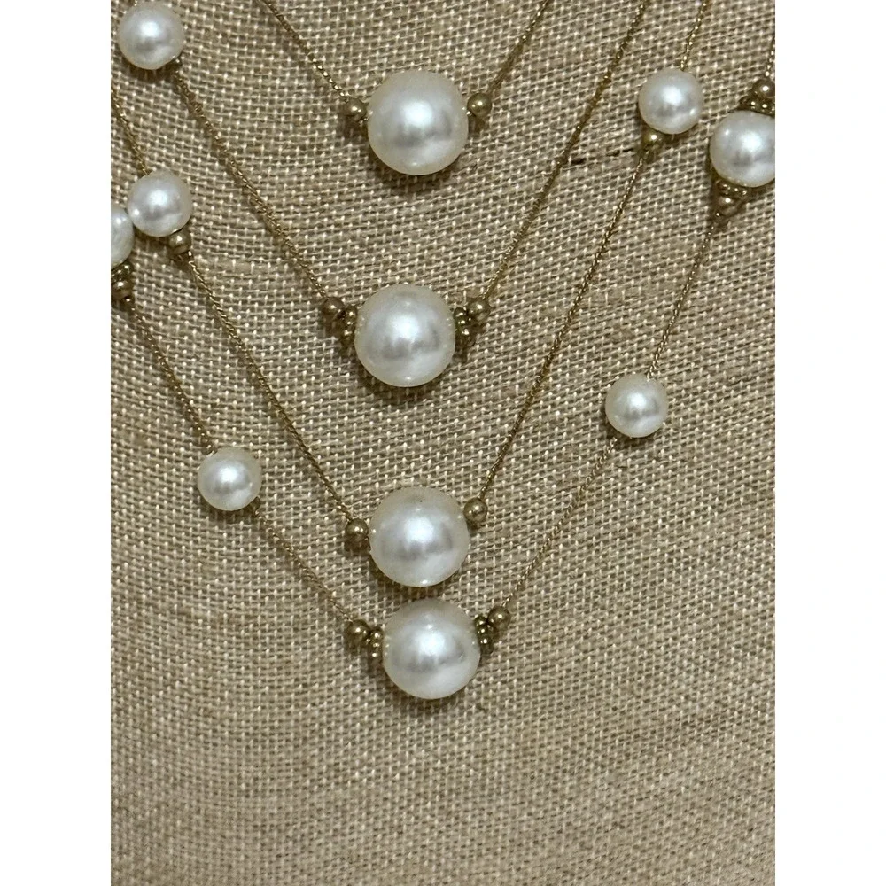 Vintage Gold Tone Faux Pearl Layered Necklace Beauty Necklace Adjustable Chain